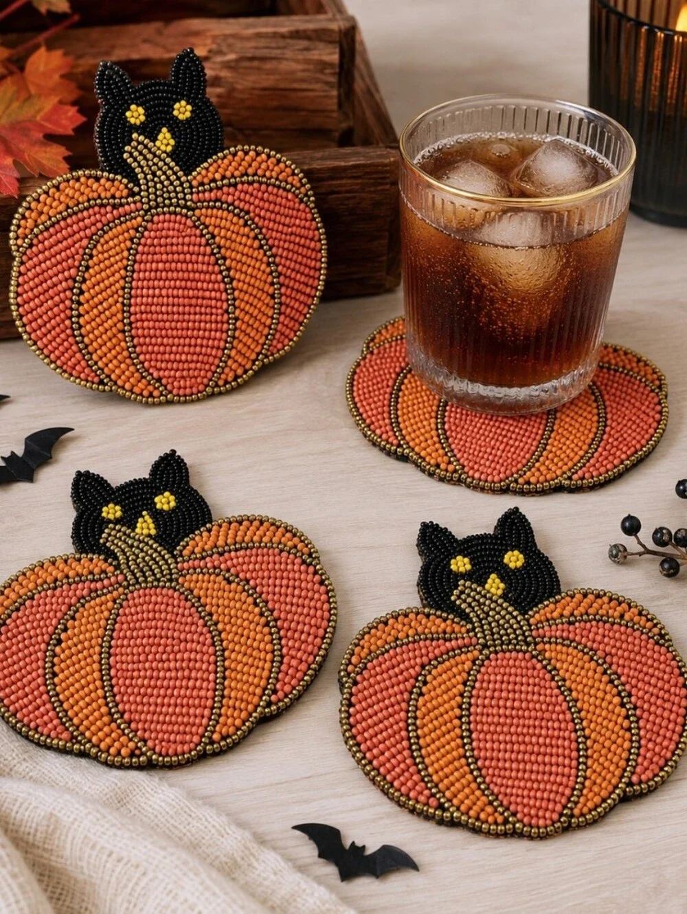Pier 1 Imports Beaded Black Cat Pumpkin Halloween Coasters Set of 4